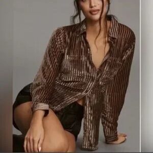 Pilcro Brown Striped Velvet Button Down Shirt